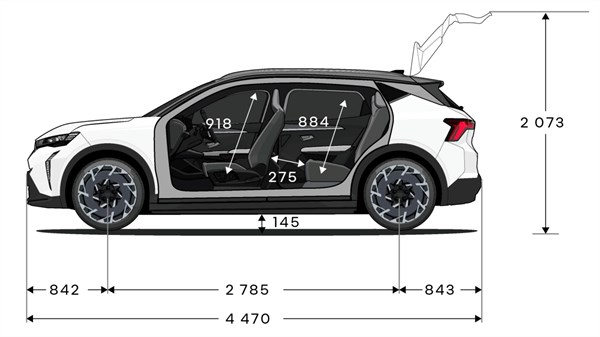 Tehnična risba vozila Renault Scenic E-Tech electric z merami, pogled s strani.