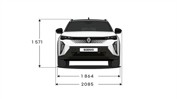 Tehnična risba vozila Renault Scenic E-Tech electric z merami, pogled od spredaj.