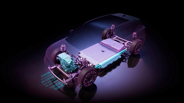 Prikaz električnega pogonskega sklopa in baterije vozila Renault Scenic E-Tech electric.