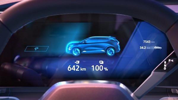 Digitalna merilna plošča vozila Renault Scenic E-Tech electric s prikazom dosega in napolnjenosti baterije.