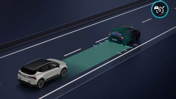Grafični prikaz varnostne razdalje med vozilom Renault Scenic E-Tech electric in vozilom pred njim na avtocesti.