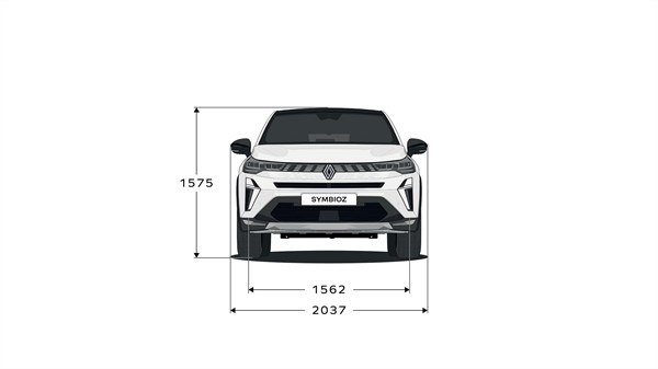 Skica: sprednjega pogleda vozila Renault Symbioz z označenimi merami: višina 1575 mm, širina med blatniki 1562 mm, skupna širina z zloženimi vzvratnimi ogledali 1797 mm. Pod vozilom je označeno ime modela – SYMBIOZ.