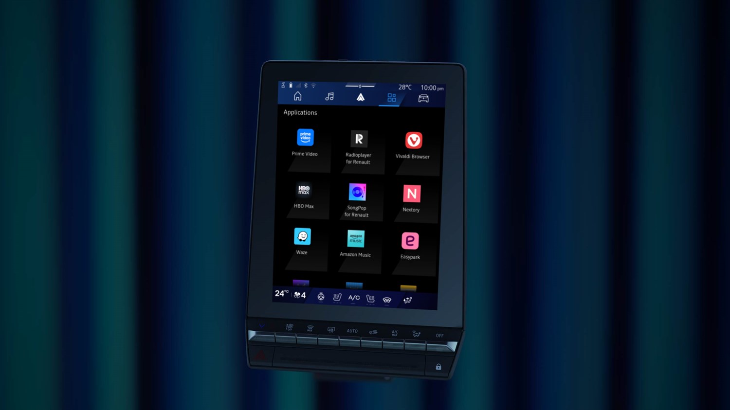 Zaslon sistema Renault Symbioz z izbranimi aplikacijami, kot so Waze, Amazon Music in EasyPark.