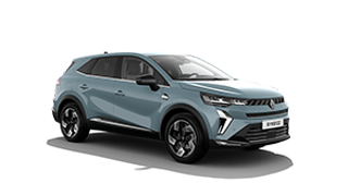 Modri Renault Symbioz, prikazan iz sprednje strani na belem ozadju.