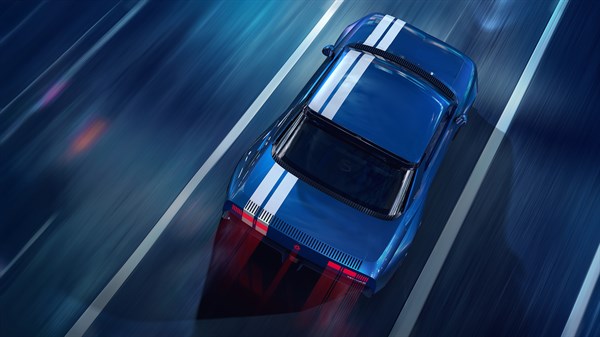 Modri Renault 8 Gordini - pogled od zgoraj na streho z belima progama in zadnje luči