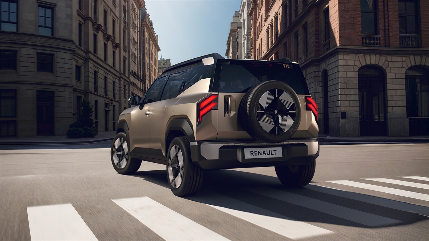 Renault Bridger Concept, 3/4 pogled od zadaj z rezervnim kolesom na zadku.