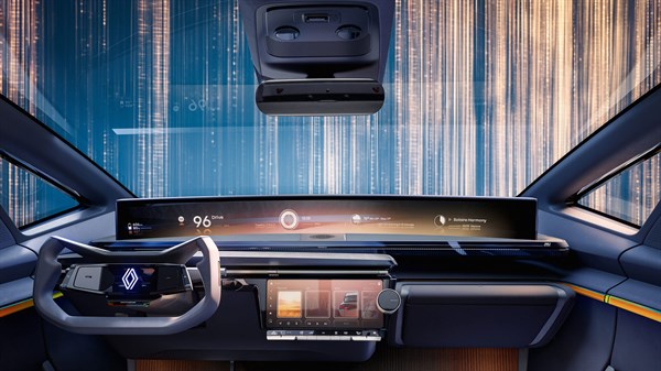 Notranjost Renault R-Space Lab z velikim zaslonom openR panorama čez armaturno ploščo.