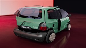 Zadnji del starega modela Renault Twinga v zeleni barvi, prikazan v studijskem okolju.
