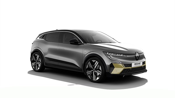 Renault Megane E-Tech electric, prikazan iz sprednje strani na belem ozadju.