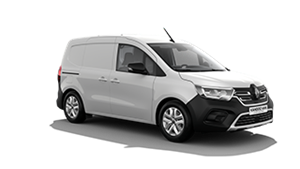 Beli Kangoo Van E-Tech prikazan spredaj z boka na belem ozadju.
