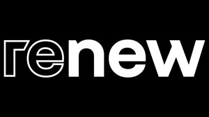 Logotip Renew v beli barvi na črnem ozadju.
